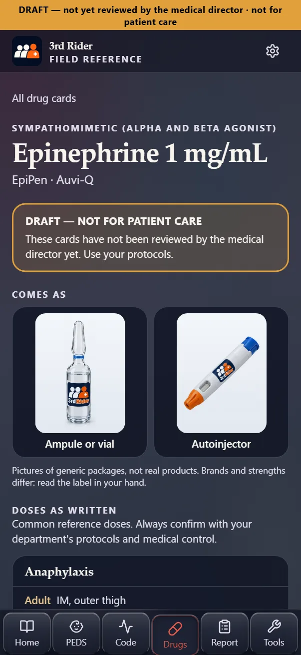 Epinephrine drug card with pictures of how it comes.