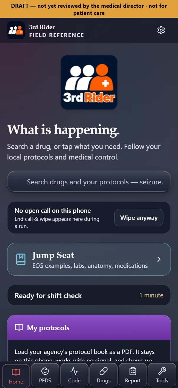Home screen: search, Jump Seat, the shift check and My protocols.