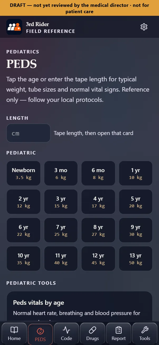 PEDS tab with age and weight buttons and pediatric tools.
